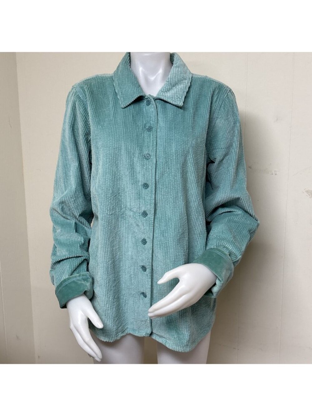 Denim Co Corduroy Shirt Womens Large Turquoise Green Wide Wale Cotton Button Top